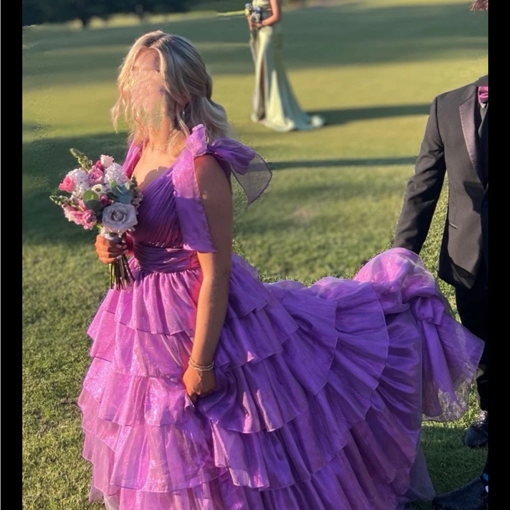 Sherri Hill Purple Prom Dress with Sweetheart Neckline and Flutter Cap Sleeves